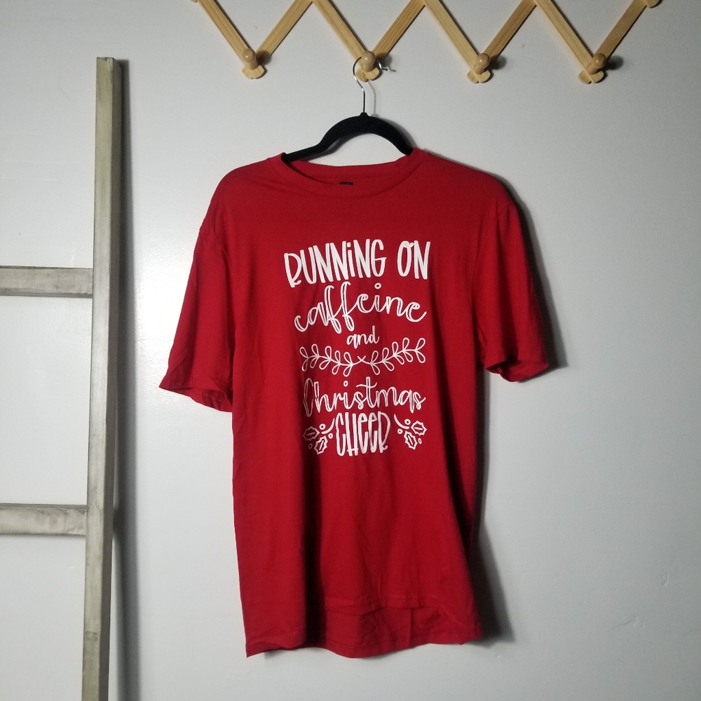 NWOT DISTRICT RUNNING ON CAFFEINE AND CHRISTMAS CHEER HOLIDAY RED TEE SIZE M